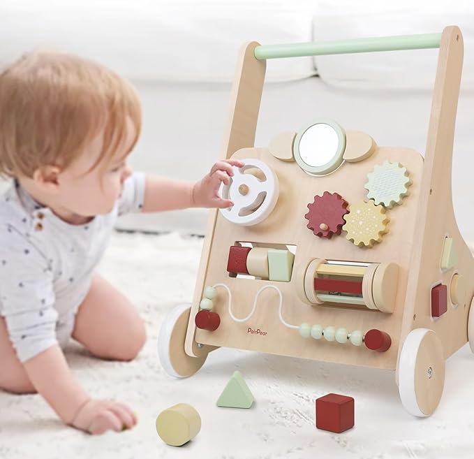 Wooden Baby Walker with Activity Center – Montessori Push Toy for Toddlers with Shape Sorter, Gears, Mirror & Bead Maze – Early Learning Toy for 12+ Months