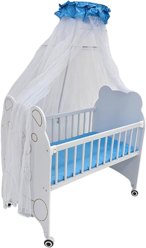 Premium Baby Cradle with Mosquito Net & Wheels – Safe and Comfortable Wooden Cot for Newborns & Infants – Soft Mattress & Canopy – Ideal for Boys & Girls