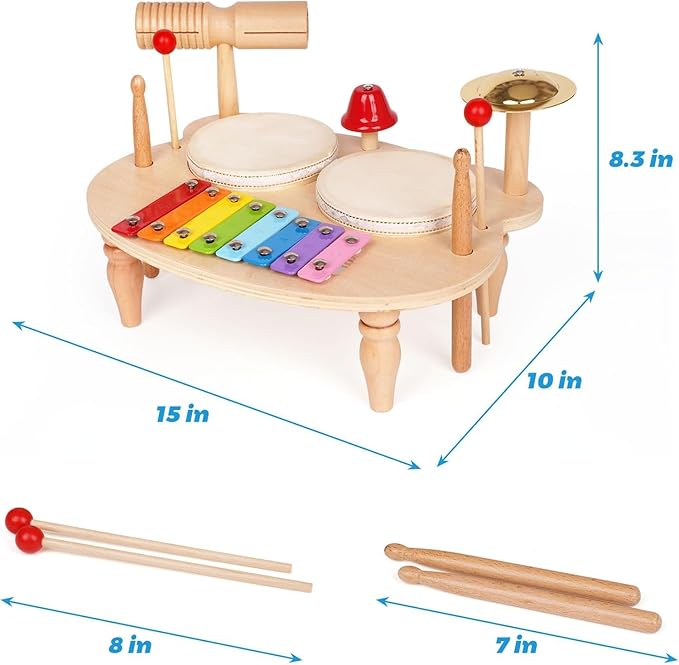 Wooden Musical Instrument Set for Toddlers – Kids Drum Set with Xylophone, Cymbal, Bell & Sticks – Montessori Music Toy for Boys & Girls – Safe & Educational