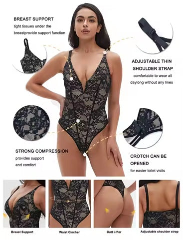 Sexy Lace Bodysuit for Women – Deep V Neck Lingerie Teddy | Backless Slim Fit One-Piece – Comfortable & Elegant Nightwear.
