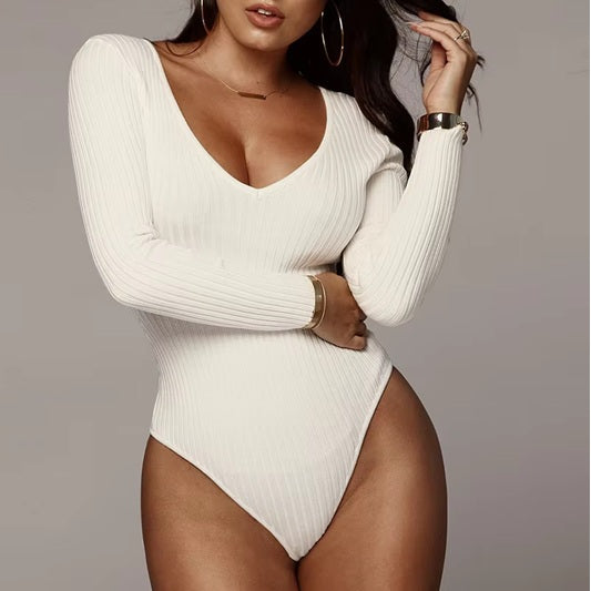 Women's Red Ribbed Long Sleeve Bodysuit – Sexy Stretch Knit V-Neck One-Piece, Slim Fit, Soft & Comfortable Fabric – Ideal for Club, Casual, Party, or Layering Outfits
