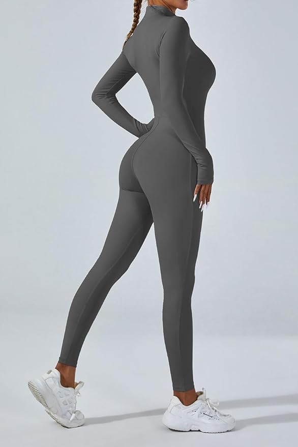 Curvear®️Women Workout Yoga Jumpsuit Zip Up Romper Bottom Pants Long Sleeve Bodysuit Bodycon One Piece Jumpsuits