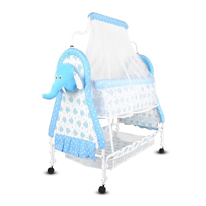 Portable Baby Cradle with Mosquito Net, Storage Basket & Wheels – Soft Cotton Fabric, Foldable Infant Sleeping Bed for Newborns, Breathable & Lightweight Baby Bassinet – Pink Elephant Design