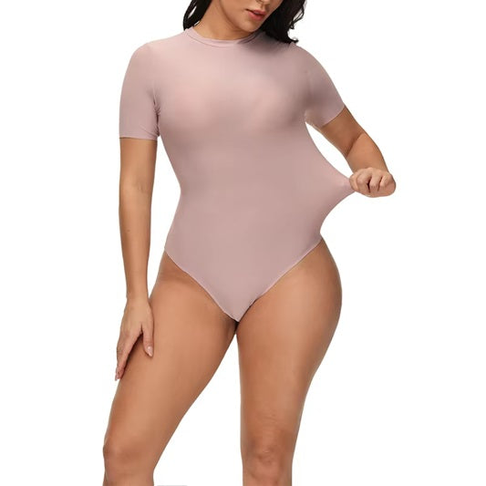Curvear®️Thong Shapewear Bodysuit Women's Round Neck Short Sleeve T Shirts Basic Bodysuits Tummy Control Seamless Shapewear