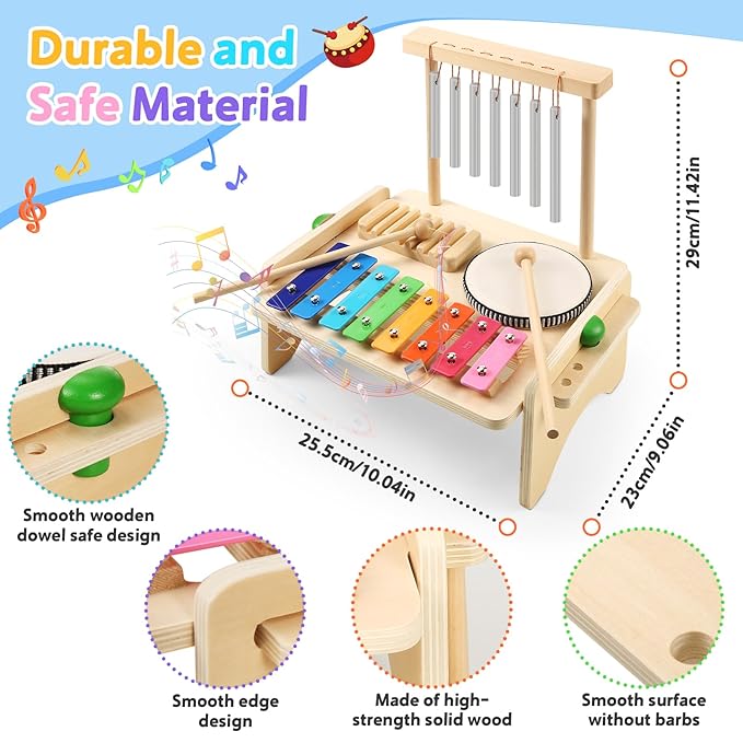 Wooden Musical Instrument Set for Toddlers – Kids Drum Set with Xylophone, Cymbal, Bell & Sticks – Montessori Music Toy for Boys & Girls – Safe & Educational