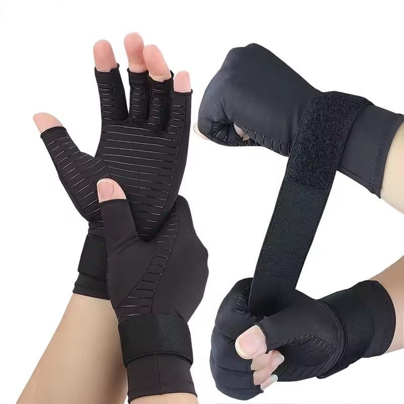Curvear Fingerless Compression Gloves for Arthritis, Adjustable Wrist Strap, Copper, Men and Women, Oto, 1 Pair