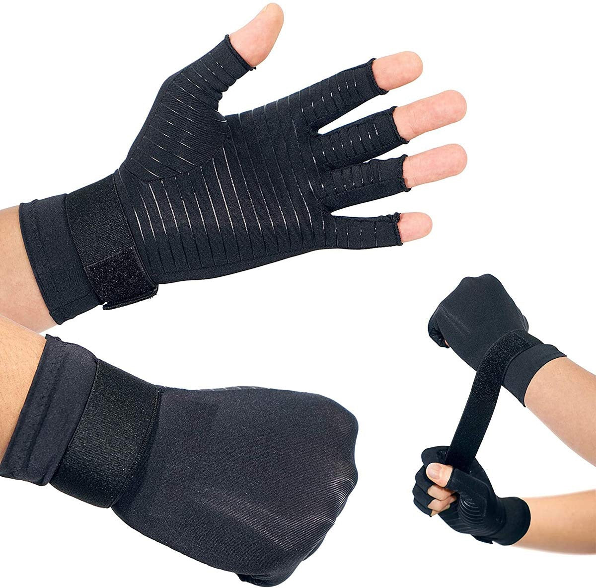 Curvear Fingerless Compression Gloves for Arthritis, Adjustable Wrist Strap, Copper, Men and Women, Oto, 1 Pair