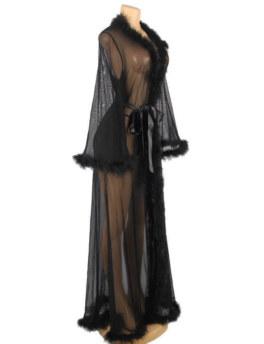 Women's Sexy Sheer Lingerie Robe with Satin Belt & Feather Trim – Long Transparent Nightwear Gown for Honeymoon, Bridal, Boudoir & Romantic Nights – Black Mesh Sleepwear