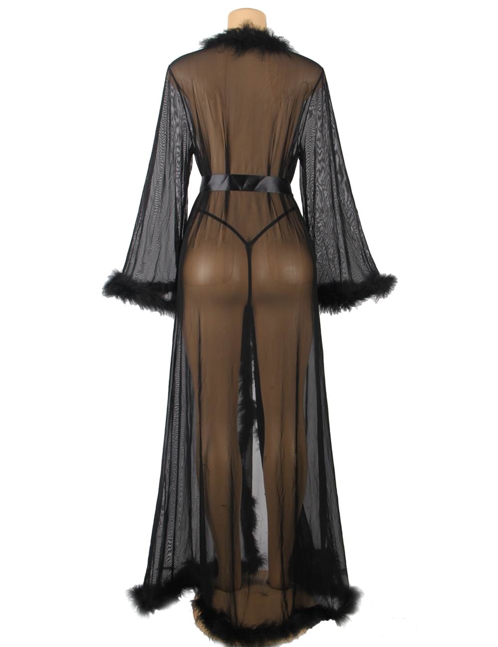 Women's Sexy Sheer Lingerie Robe with Satin Belt & Feather Trim – Long Transparent Nightwear Gown for Honeymoon, Bridal, Boudoir & Romantic Nights – Black Mesh Sleepwear