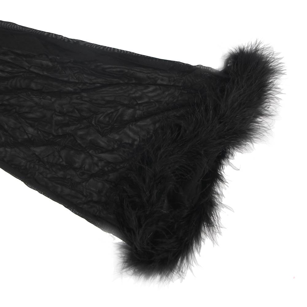 Women's Sexy Sheer Lingerie Robe with Satin Belt & Feather Trim – Long Transparent Nightwear Gown for Honeymoon, Bridal, Boudoir & Romantic Nights – Black Mesh Sleepwear