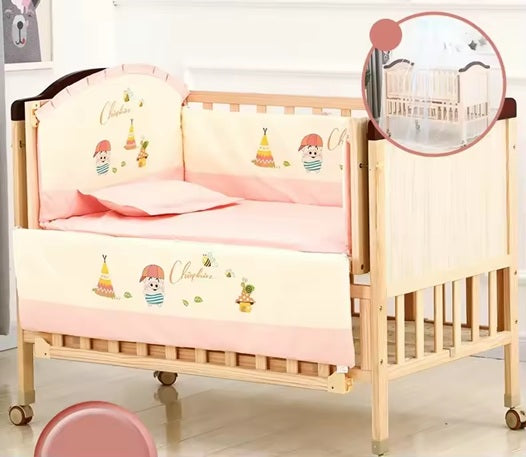 Baby Crib - 108×64×89cm Solid Wood Cradle, Large Splicing Bed, Multifunctional Newborn BB Cot with Safety Design