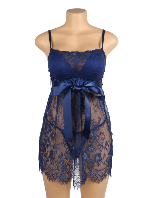 Women's Lace Babydoll Lingerie Set – Royal Blue Nightwear