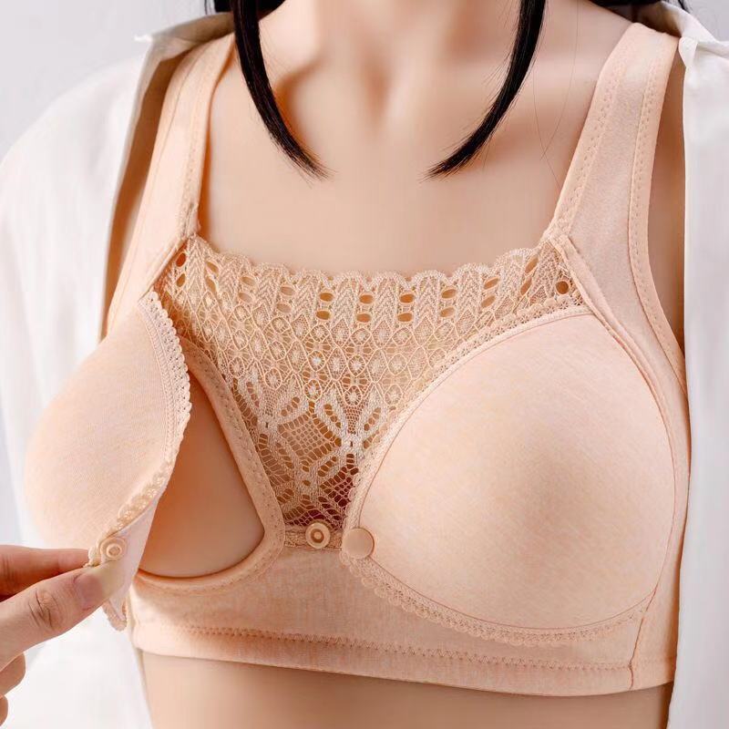 Curvear®️Women's Breastfeeding Nursing Bras, Seamless Ultra Comfort Maternity Non Padded Feeding Lace No Steel Ring Bra, Front Button Closure, Pregnancy Sleep Cotton Bralette