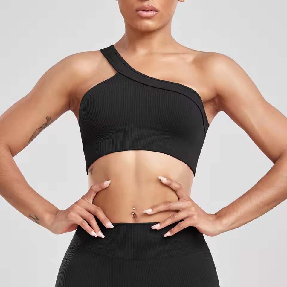 Curvear Women's Sexy 2 Pcs Yoga Set One Shoulder Sports Bra with Ribbed Shorts Leggings