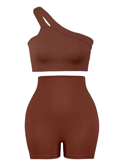 Curvear Women's Sexy 2 Pcs Yoga Set One Shoulder Sports Bra with Ribbed Shorts Leggings