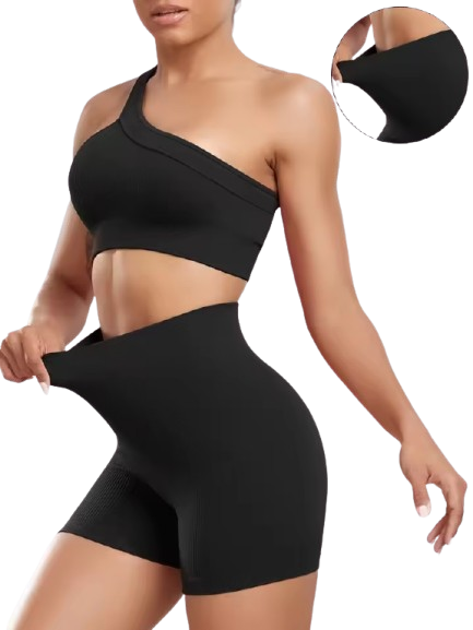 Curvear Women's Sexy 2 Pcs Yoga Set One Shoulder Sports Bra with Ribbed Shorts Leggings