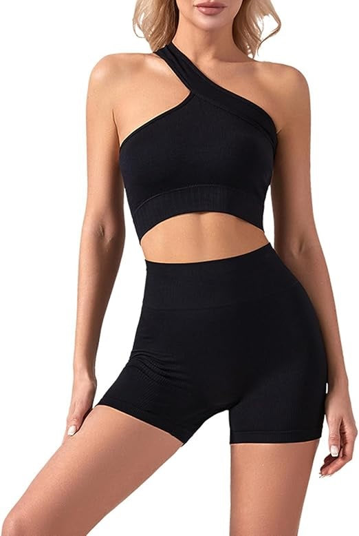 Curvear Women's Sexy 2 Pcs Yoga Set One Shoulder Sports Bra with Ribbed Shorts Leggings