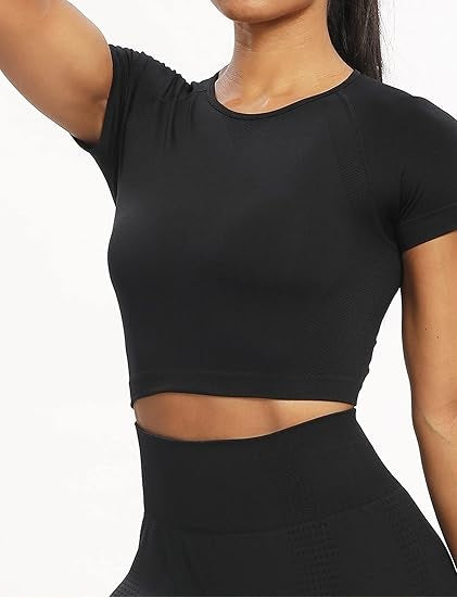 Curvear Women Workout Crop Top Seamless Shirt Athletic Half Sleeve Fitness Tight Tee