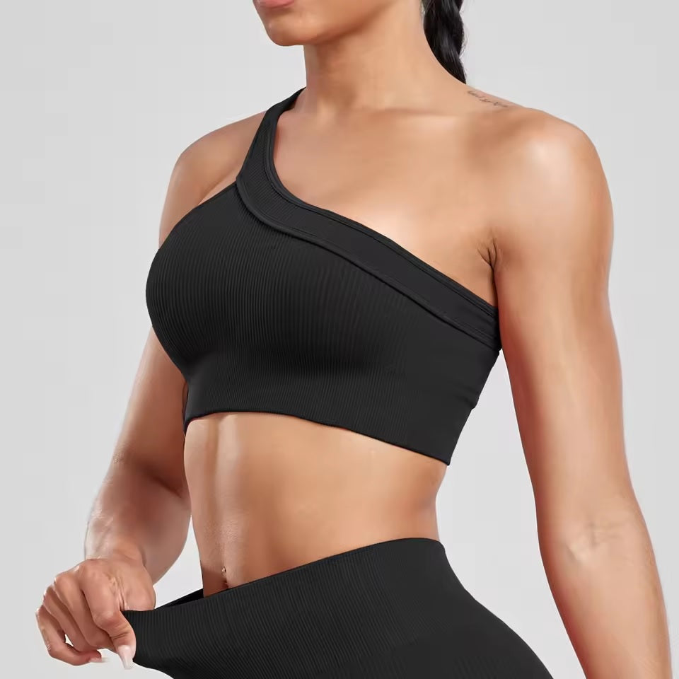 Curvear Women's Sexy 2 Pcs Yoga Set One Shoulder Sports Bra with Ribbed Shorts Leggings