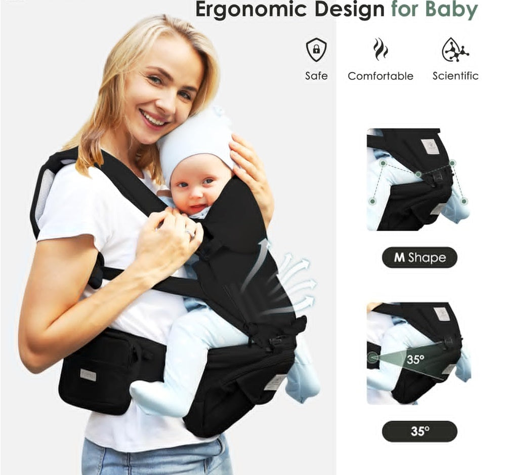 Curvear Baby Carrier Newborn to Toddler, Safety-Certified Baby Carrier with Hip Seat, Ergonomic 6-in-1 Baby Carrier with Head Support, Adjustable & Removable Baby Holder for All Seasons, Black.