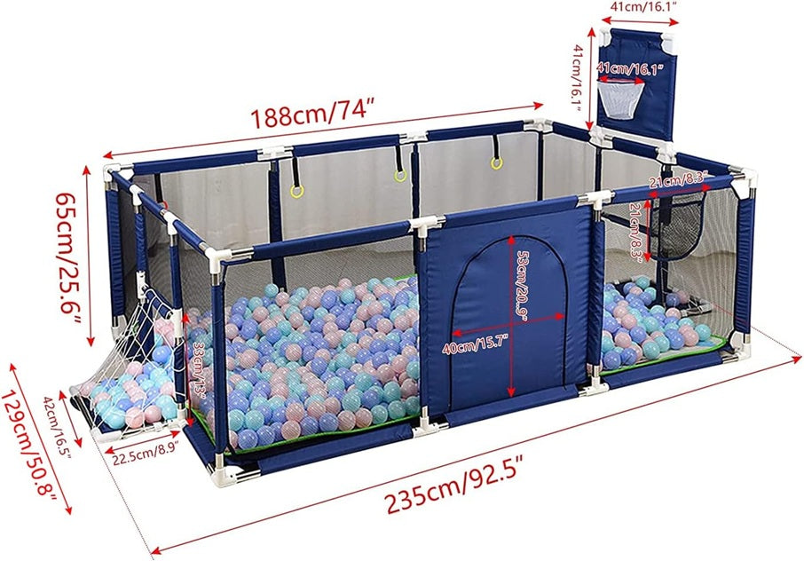 CURVEAR®️Large Baby Play yard 74x51 Inch Activity Center with Shooting & Pull Ring, Blue, No Mat or Ocean Balls Included.