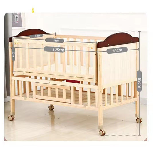Baby Crib - 108×64×89cm Solid Wood Cradle, Large Splicing Bed, Multifunctional Newborn BB Cot with Safety Design