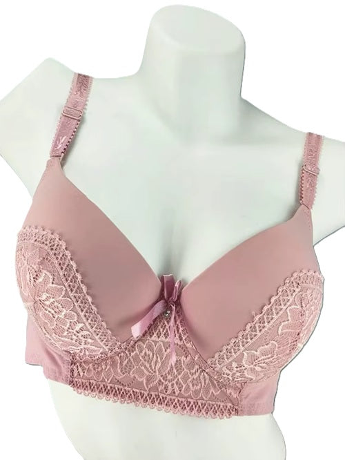 Curvear New pink lingerie bra with sponge wire, lace design, adjustable straps, and push-up effect for comfort and support.