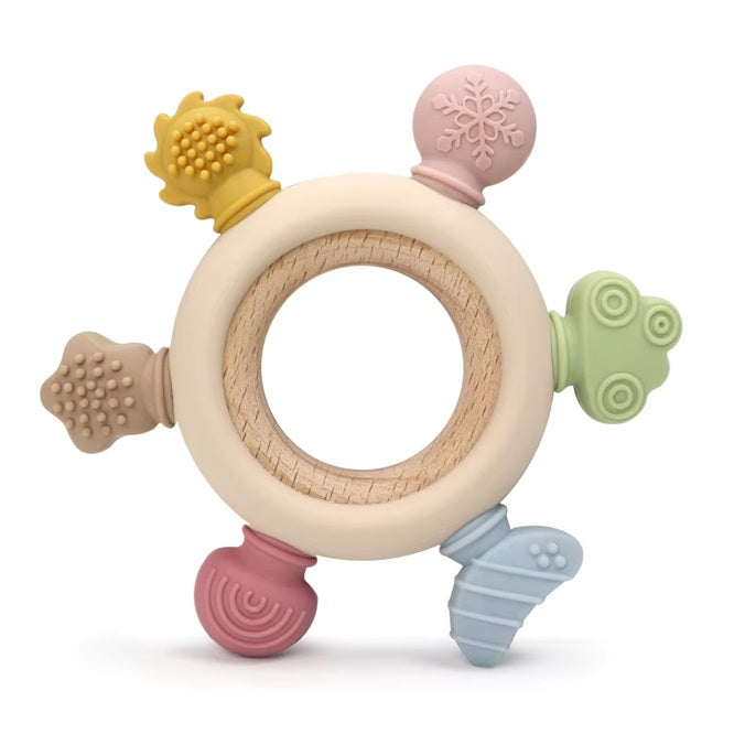 Curvear silicone teether wood ring teething toys free Baby Chewable Toys wooden baby teether teething for Kids 0-6 months.