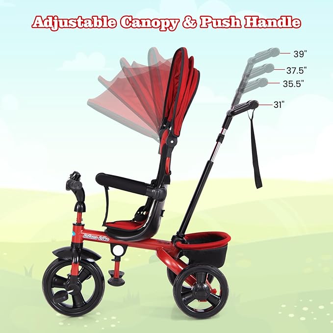 Curvear Kids Tricycle, 4 in 1 Stroll Trike with Adjustable Push Handle, Removable Canopy, Retractable Foot Plate, Lockable Pedal, Detachable Guardrail, Suitable for 10 Months to 5 Years.