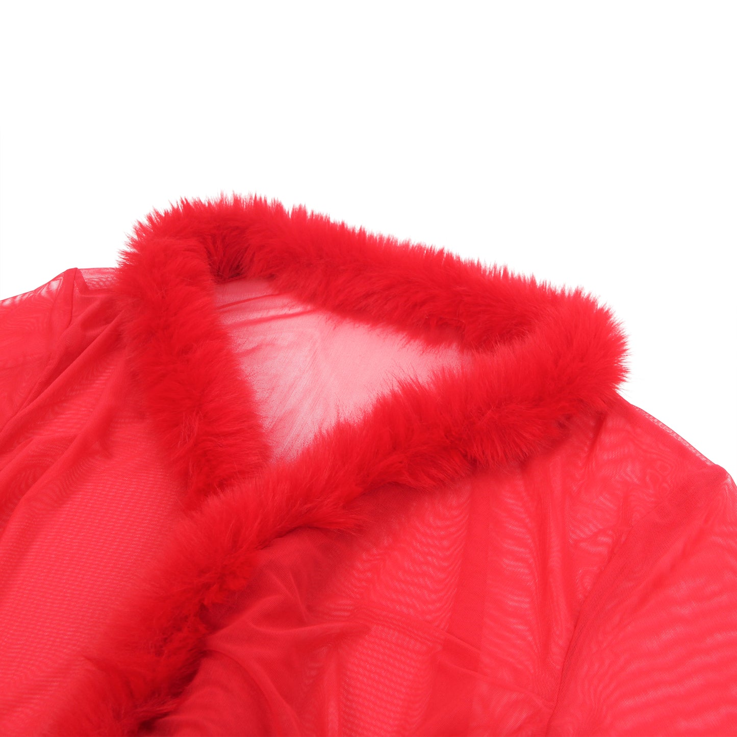 Sexy Red Sheer Mesh Lingerie Robe for Women with Satin Belt & Faux Fur Trim | Transparent Nightwear for Honeymoon, Valentine, Bedroom & Romantic Nights