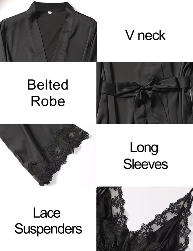 Women's Satin Lace Robe & Nightgown Set – Sexy Lingerie Sleepwear, Soft Silky Nightdress with Robe – Elegant V-Neck Chemise & Belted Kimono for Bridal, Honeymoon, Lounge, Valentine's Gift