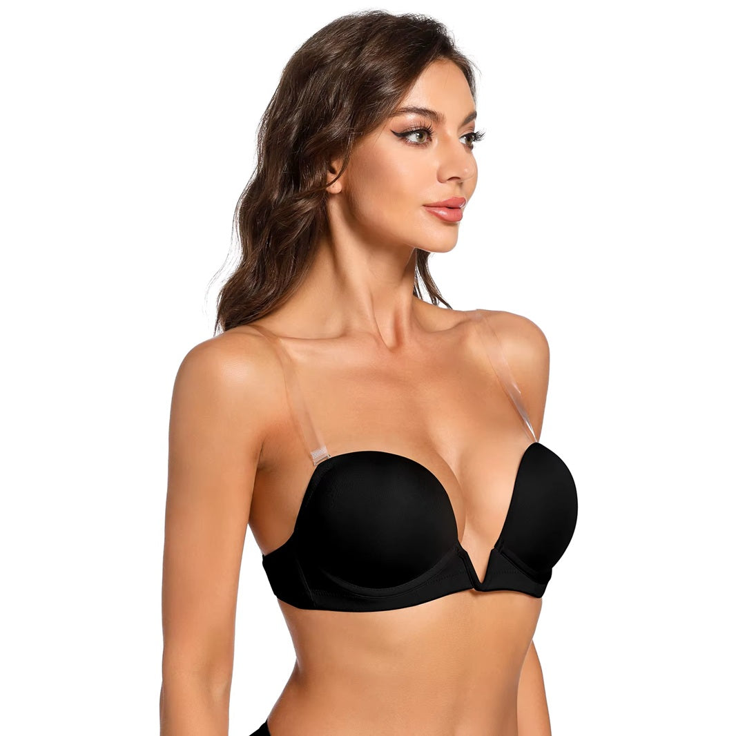 Curvear New Deep V Add A Cup Sexy Women Bra Detachable Adjusted Convertible Low Cup Backless Clear Straps Plunge Push Up Bras 1/2 Cups.
