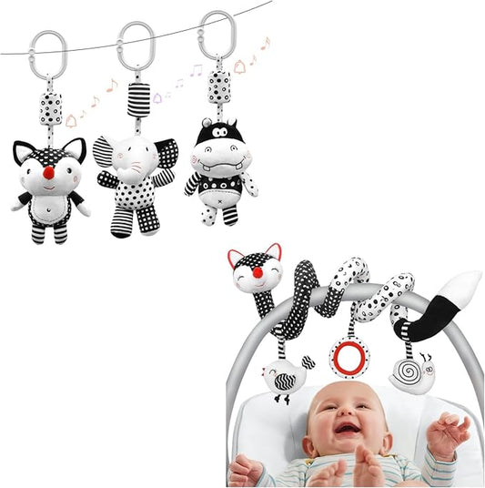 Curvear Kids Black and White Baby Toys, Stroller Activity Toy,High Contrast Rattle Toy & Soft Book Set ,Tummy Time Plush Hanging Toys ,Early Educational Toys for Infant Babies 0 3 6 9 12 Month