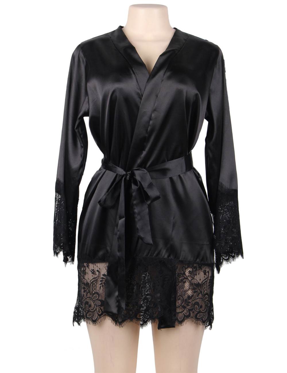 Elegant plus size satin robe with lace trim for women. Sexy black nightwear, perfect for honeymoon, bridal wear, lounge, or romantic nights. Soft, stylish, and flattering sleepwear.