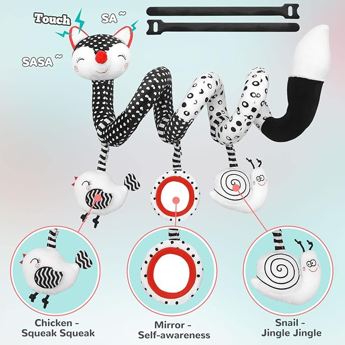 Curvear Kids Black and White Baby Toys, Stroller Activity Toy,High Contrast Rattle Toy & Soft Book Set ,Tummy Time Plush Hanging Toys ,Early Educational Toys for Infant Babies 0 3 6 9 12 Month