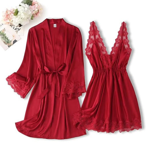 Women's Satin Lace Robe & Nightgown Set – Sexy Lingerie Sleepwear, Soft Silky Nightdress with Robe – Elegant V-Neck Chemise & Belted Kimono for Bridal, Honeymoon, Lounge, Valentine's Gift