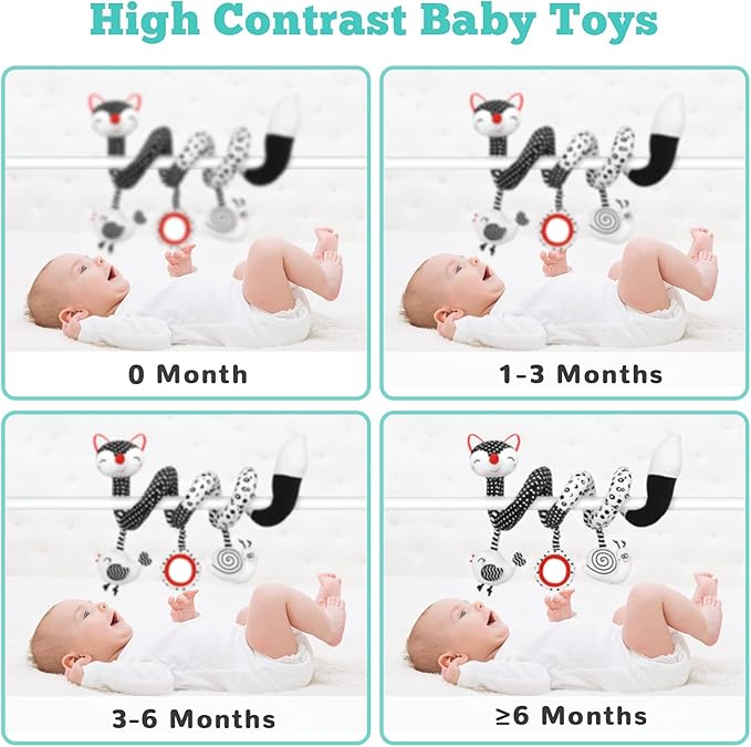Curvear Kids Black and White Baby Toys, Stroller Activity Toy,High Contrast Rattle Toy & Soft Book Set ,Tummy Time Plush Hanging Toys ,Early Educational Toys for Infant Babies 0 3 6 9 12 Month