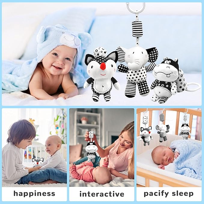 Curvear Kids Black and White Baby Toys, Stroller Activity Toy,High Contrast Rattle Toy & Soft Book Set ,Tummy Time Plush Hanging Toys ,Early Educational Toys for Infant Babies 0 3 6 9 12 Month