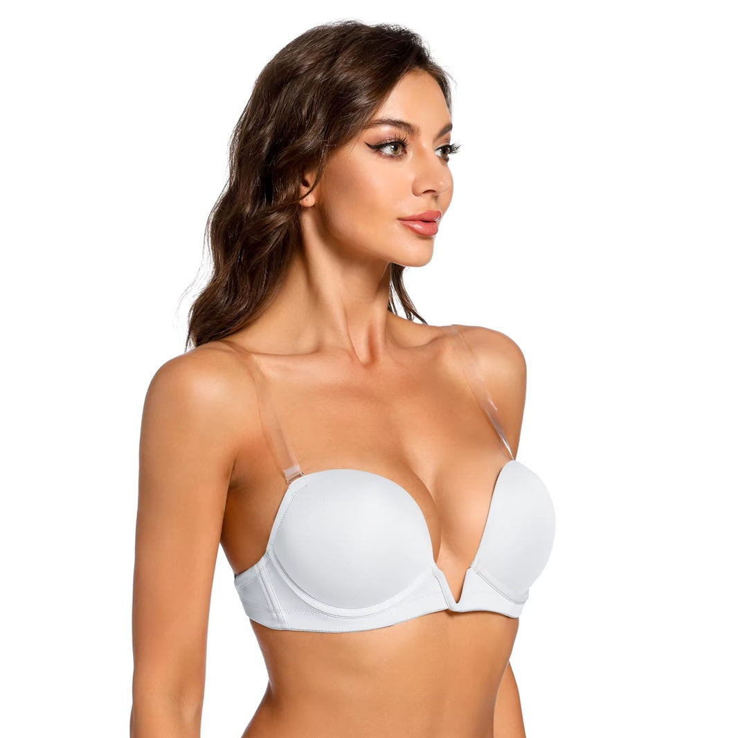Curvear New Deep V Add A Cup Sexy Women Bra Detachable Adjusted Convertible Low Cup Backless Clear Straps Plunge Push Up Bras 1/2 Cups.