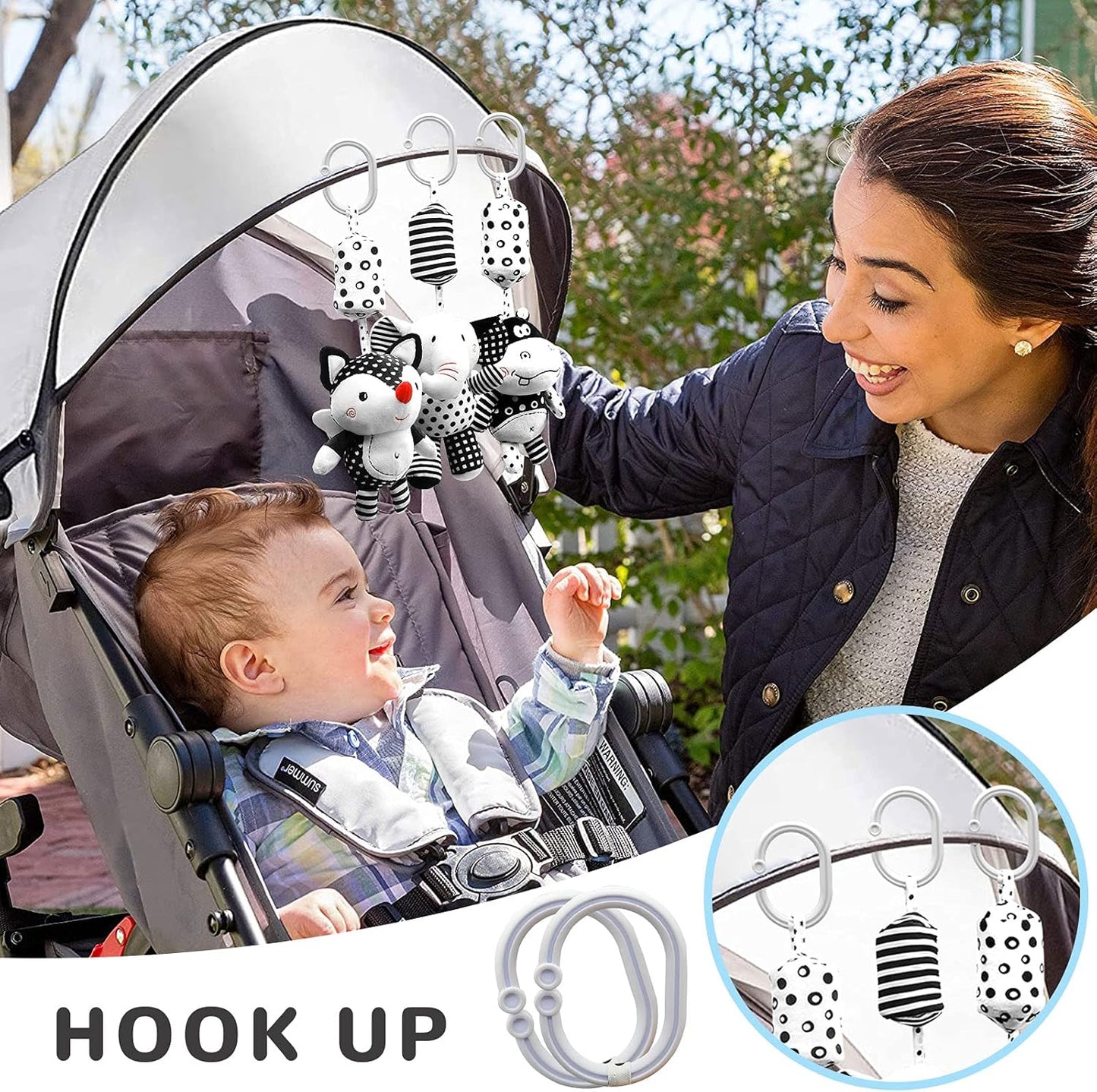 Curvear Kids Black and White Baby Toys, Stroller Activity Toy,High Contrast Rattle Toy & Soft Book Set ,Tummy Time Plush Hanging Toys ,Early Educational Toys for Infant Babies 0 3 6 9 12 Month