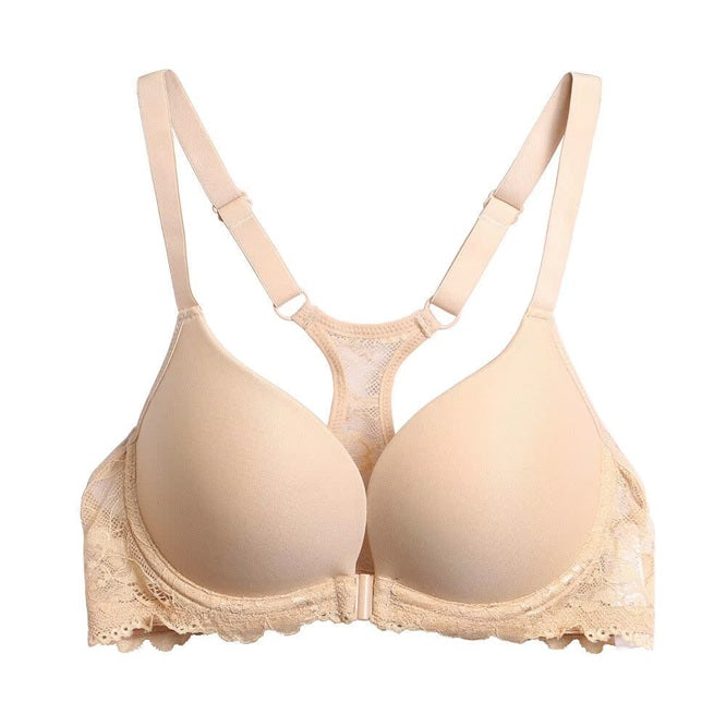 Curvear Push Up Women Bra Front Closure Lace Back Underwire Lingerie Solid Plunge Y-line Straps Adjusted Underwear.