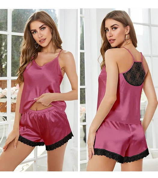 Women's Satin Nightwear Set | Black Sleepwear Camisole and Shorts | Soft Night Dress for Women | Loungewear Night Suit with Lace | Comfortable & Stylish Nightwear for Ladies