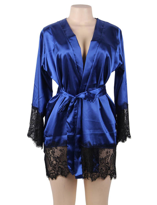Elegant plus size satin robe with lace trim for women. Sexy black nightwear, perfect for honeymoon, bridal wear, lounge, or romantic nights. Soft, stylish, and flattering sleepwear.