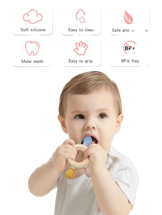 Curvear silicone teether wood ring teething toys free Baby Chewable Toys wooden baby teether teething for Kids 0-6 months.