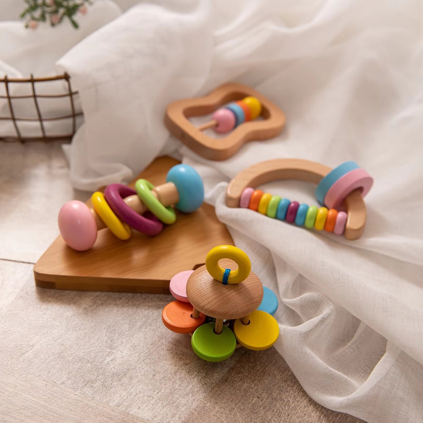 CURVEAR®️ Wooden Baby Rattle Crib Toys, Montessori Educational Mobile, Stroller Toy for Girls and Infants.