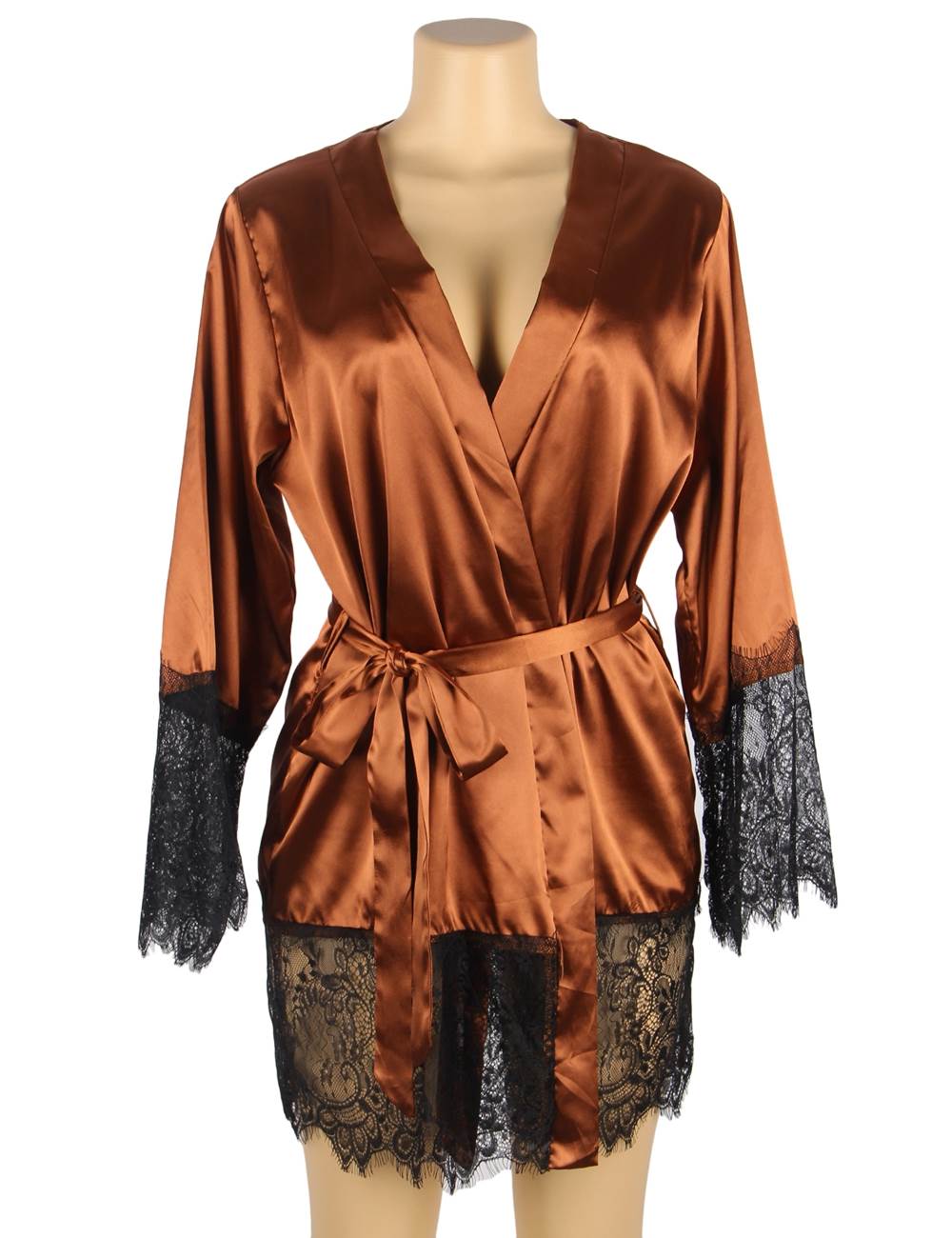 Elegant plus size satin robe with lace trim for women. Sexy black nightwear, perfect for honeymoon, bridal wear, lounge, or romantic nights. Soft, stylish, and flattering sleepwear.