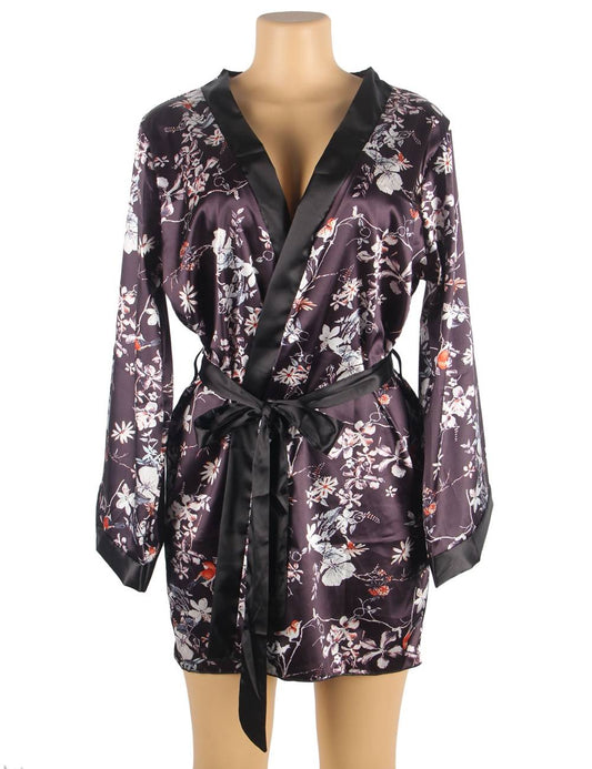 Women's Satin Kimono Robe – Floral Print Short Robe with Black Trim & Belt – Lightweight Silky Lounge & Sleepwear