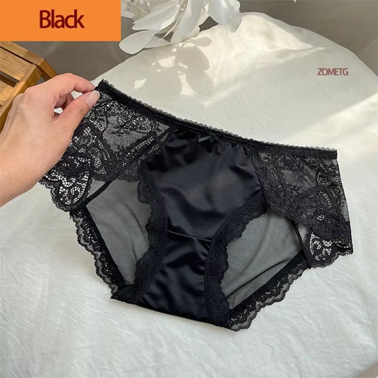 Curvear Plus Size Satin Panties for Women Sexy lace Satin Transparent Mesh Underwear No Trace Briefs Large Sizes Mom Underwear. 3 set