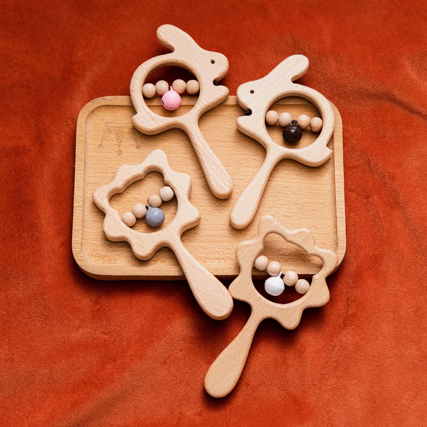 Curvear Baby Products Natural Beech Wood Rattle Baby Teething Montessori Animal Rattle Toy.