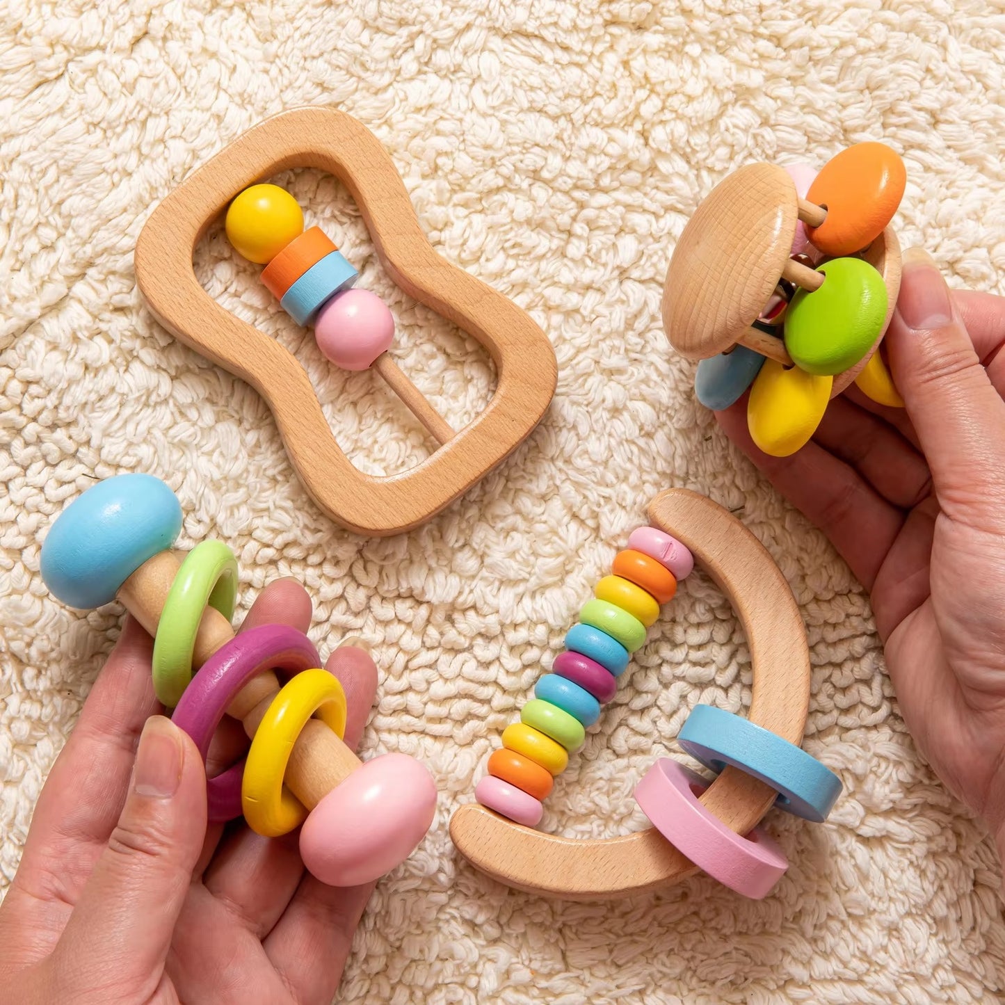 CURVEAR®️ Wooden Baby Rattle Crib Toys, Montessori Educational Mobile, Stroller Toy for Girls and Infants.